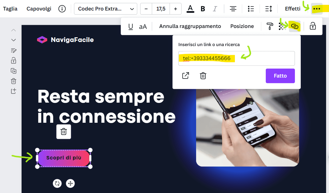 Aggiunta Bottoni Sito Web Canva