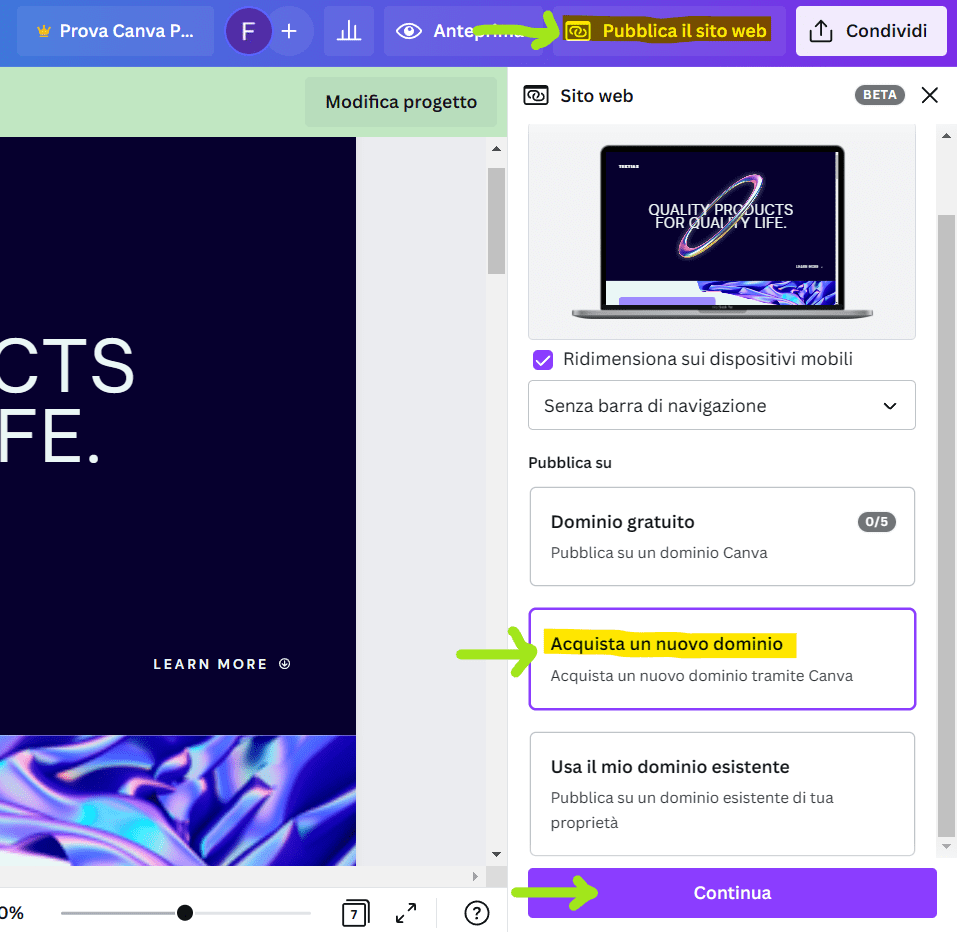 Passaggi per pubblicare sito web Canva